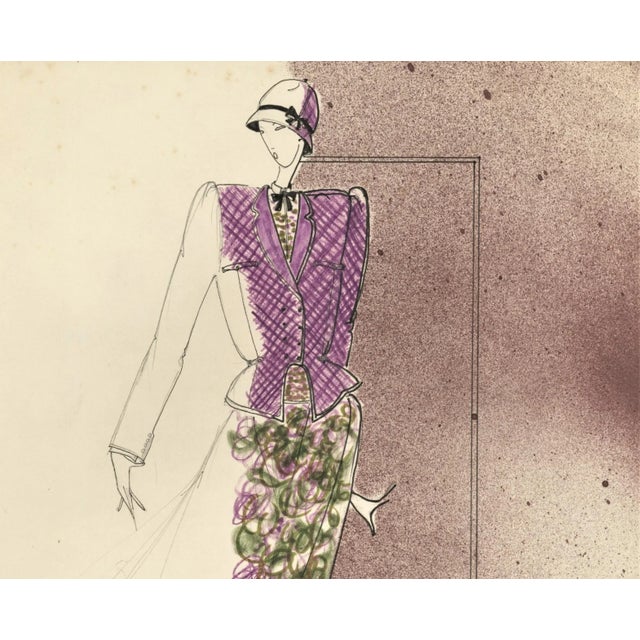 Illustration 1980s French Fashion Drawing, Watercolor, Pen & Ink For Sale - Image 3 of 5
