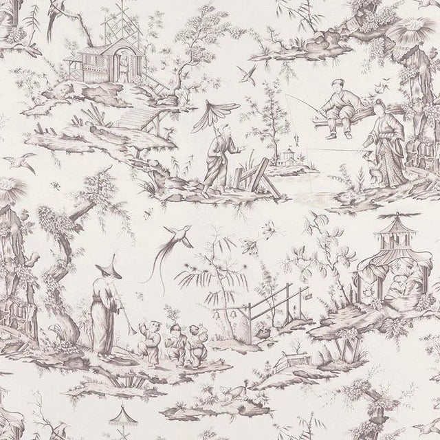 Sample - Schumacher Shengyou Toile Fabric in Driftwood For Sale