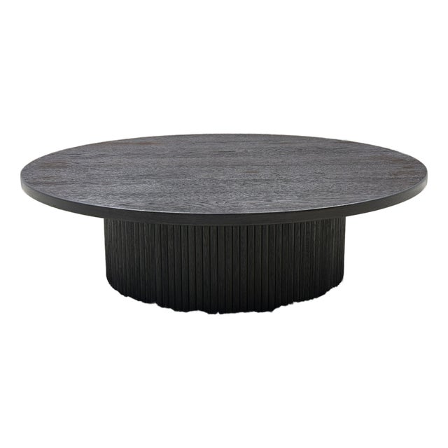 Rh Byron Round Pedestal Coffee Table – 48" Black Oak | Reeded Oak Design | Sculptural Contemporary Silhouette For Sale