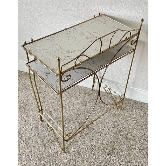 Hollywood Regency Mid Century Pearl-Wick Brass Bathroom Toiletry Stand With Marbleized Shelving For Sale - Image 9 of 13