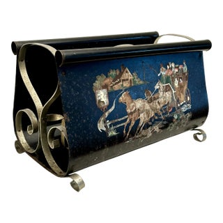 English Traditional Equestrian Metal Magazine Rack in Black, Silver, Soft Green, & Salmon For Sale