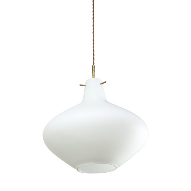 Mid-Century Italian Brass and Opaline Glass Pendant Lamp For Sale