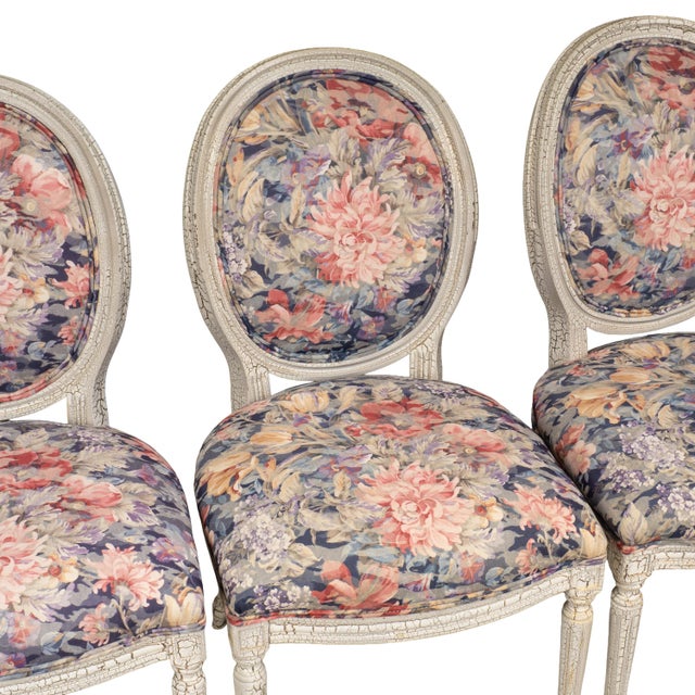 1980s French Style Shabby Chic Dining Chairs Floral Upholstery Distressed Crackle Finish - Set of 4 For Sale - Image 9 of 18