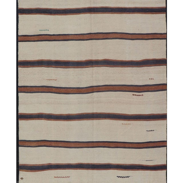 Textile Turkish Vintage Kilim Rug Ivory Brown Striped Anatolian Flatweave Wool For Sale - Image 7 of 12