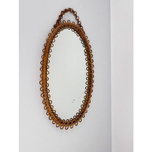 Glass Mid-Century Modern Italian Handcrafted Oval Cane and Bamboo Mirror in the style of Albini, 1960s For Sale - Image 7 of 15