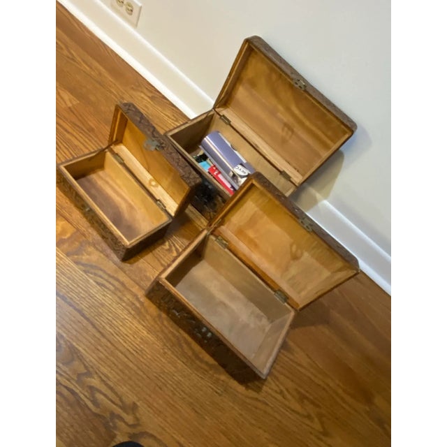 Vintage Asian Large Handmade Carved Wooden Boxes Set of 3 Carved boxes set of 3 14x9x7, 12x7x6, 10x5x4.5 brass hardware...