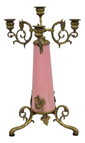 Early 20th Century French Renaissance Art Nouveau Bronze 4 Candle Pink Glass Column Candelabra