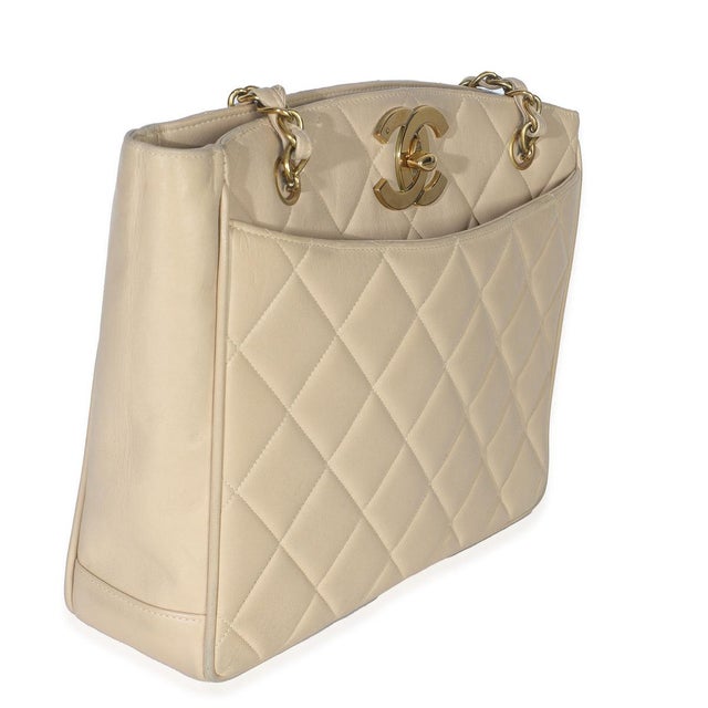 Contemporary Vintage Beige Quilted Lambskin CC Shoulder Tote For Sale - Image 3 of 9
