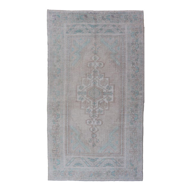 Vintage Turkish Medallion Oushak Area Rug in Tan, Taupe, Pink, and Green For Sale
