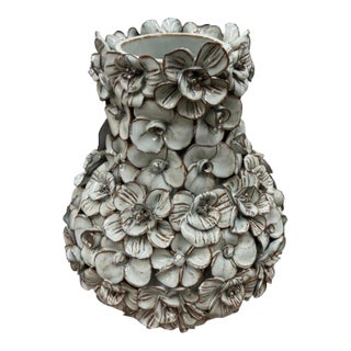 Vintage Italian Hand-Crafted Encrusted Floral Ceramic Vase For Sale