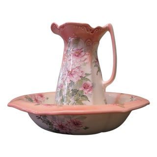Ironstone Pitcher and Bowl with Hand-Painted Pink Roses, 1920, Set of 2 For Sale
