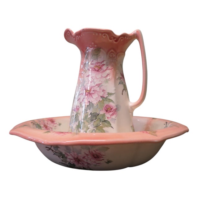 Ironstone Pitcher and Bowl with Hand-Painted Pink Roses, 1920, Set of 2 For Sale