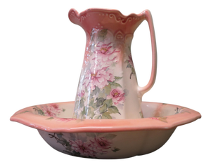 Ironstone Pitcher and Bowl with Hand-Painted Pink Roses, 1920, Set of 2