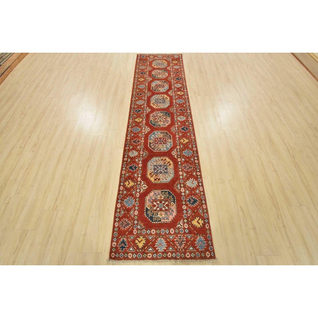 Farmhouse Kazak Runner 2’6” X 9’10” Red Wool Tribal Hand-Knotted Oriental Rug For Sale - Image 3 of 12