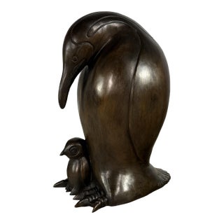 Bronze Emperor Penguin With Chick Sculpture - 22” H For Sale
