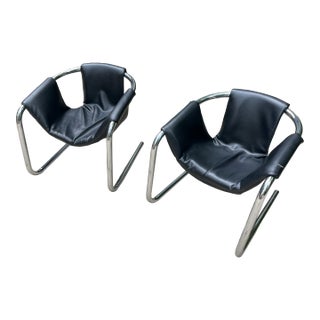 Pair of Italian Black Leather and Chrome Zermatt Sling Chairs by the Vecta Group For Sale