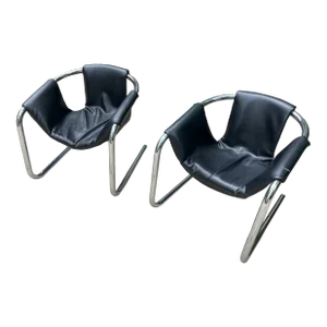 Pair of Italian Black Leather and Chrome Zermatt Sling Chairs by the Vecta Group