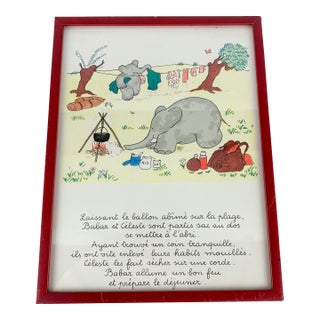 Vintage French Travels of Babar Celeste the Elephant Framed Print Lithograph For Sale