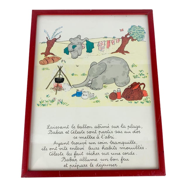 Vintage French Travels of Babar Celeste the Elephant Framed Print Lithograph For Sale