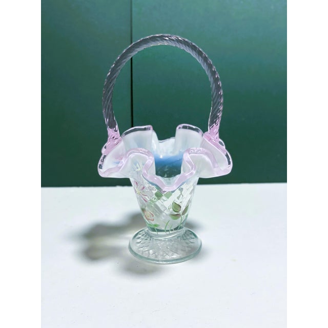 Signed Hand Painted Fenton Art Glass Basket, Pink Opalescent Ruffled Edge, Signed S. Massey For Sale - Image 15 of 16