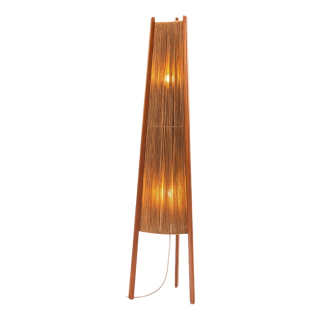 Tripod Floor Lamp in Sisal and Teak from Temde, Switzerland, 1960 For Sale
