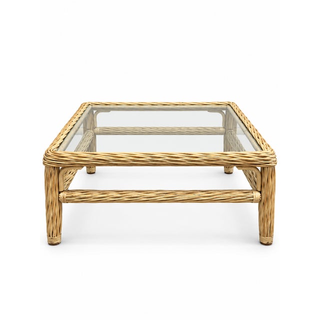 Coastal Late 20th Century Coastal Wicker and Rattan Square Glass-Top Coffee Table For Sale - Image 3 of 8