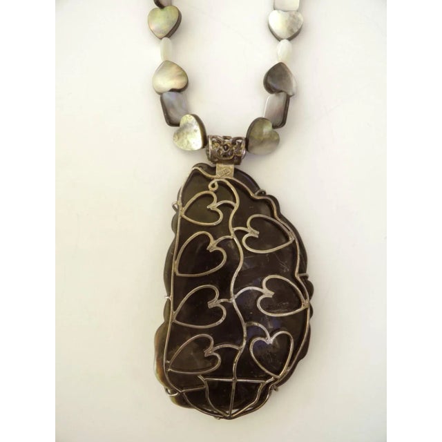 1980s Mother-Of-Pearl Sterling Silver 'Love' Many Hearts Pendant Necklace For Sale - Image 4 of 4