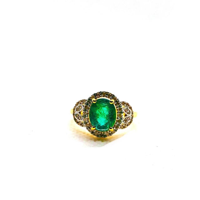 Emerald Bochic “Capri” Vintage Natural Diamond & Emerald Retro Ring Set In 18K Gold & Silver For Sale - Image 8 of 11