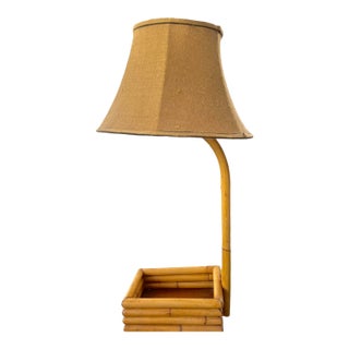 Vintage Large Bent Bamboo Table Lamp With Woven Shade, 31" Tall French Provincial Coastal Style For Sale