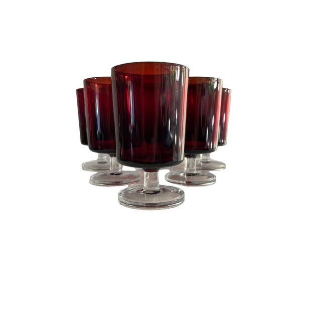 Set of six ruby wine glasses from Luminarc (Arcoroc), a brand by the French company Cristal d'Arques-Durand. Deep red...