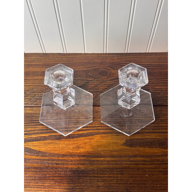 1980s Val Saint-Lambert Signed Belgian Crystal Candlesticks, Pair, 5" Tall, Late 20th Century For Sale - Image 5 of 7