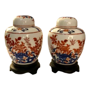 Chinoiserie Porcelain Ginger Jars - Lidded Vases Urns on Risers - a Pair