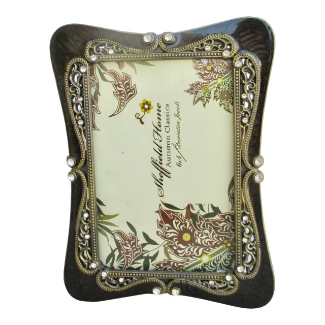 HollyWood Regency Rhinestone and Pearl Enamel Photo Frame For Sale