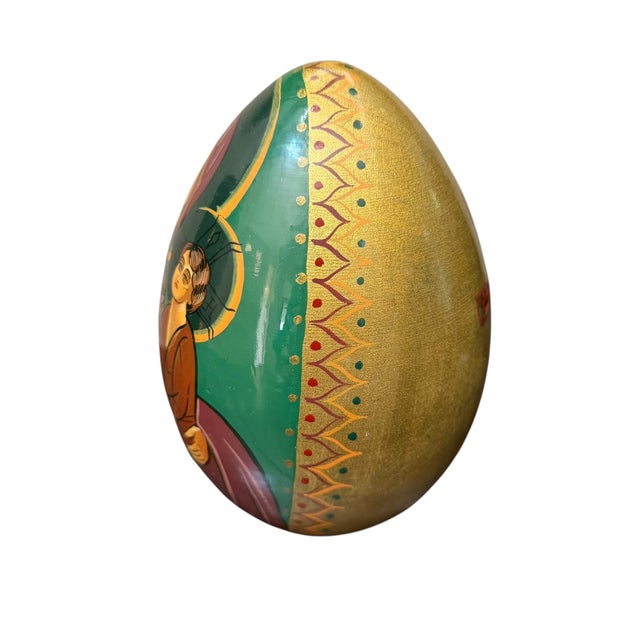 Hand Painted Lacquered Wood Egg of Mother of God Virgin Mary & Jesus on Stand For Sale - Image 10 of 13