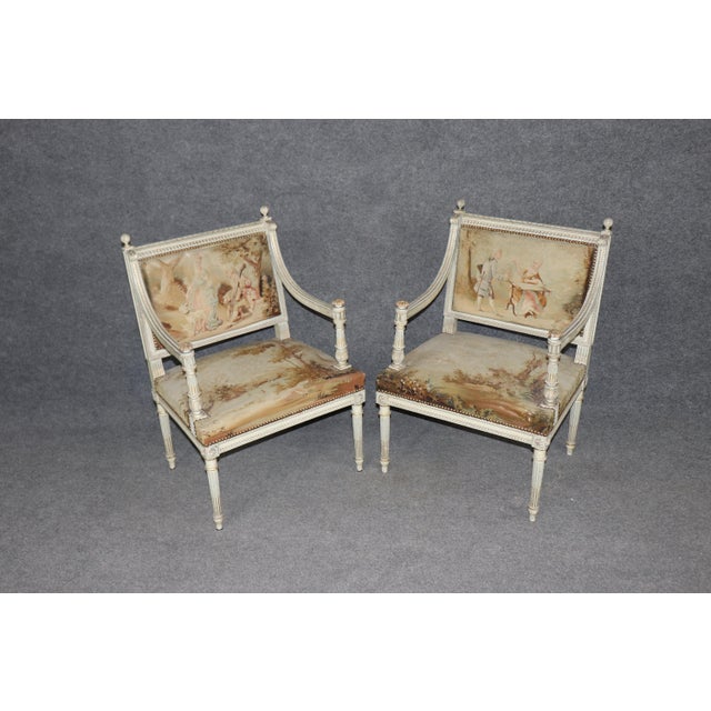 Pair 19th C French Louis XVI Parcel Gilt Carved Armchairs With Aubusson Tapestry For Sale - Image 15 of 17