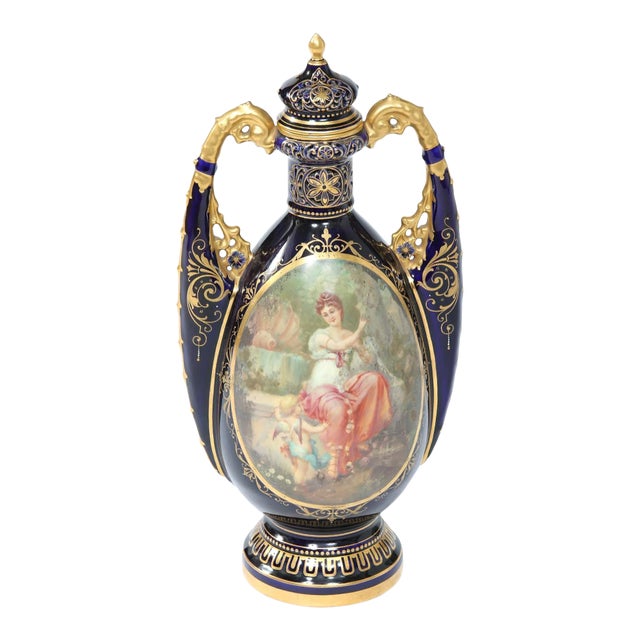 Early 20th Century Royal Vienna Cobalt / Gold Porcelain Lidded Urn For Sale