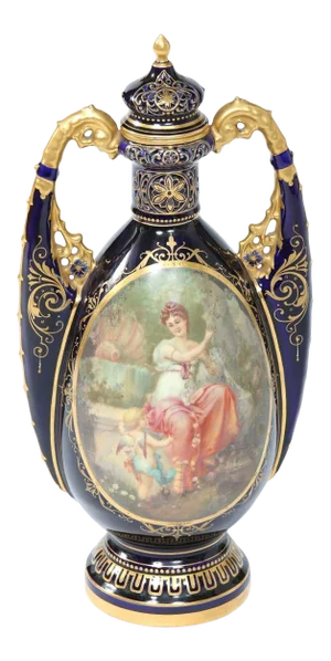 Early 20th Century Royal Vienna Cobalt / Gold Porcelain Lidded Urn