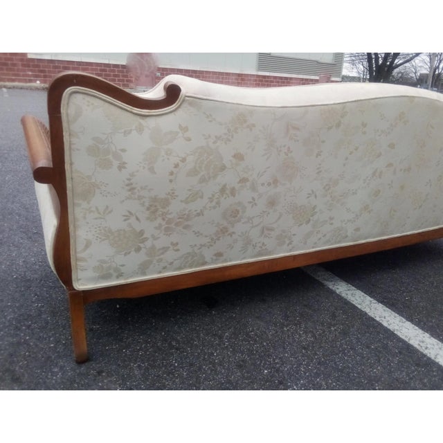 Wood French Louis XV Style Elegant Ivory 7.5' Sofa Serpentine Carved Back Curved Caned Sides Mid-Century For Sale - Image 7 of 13