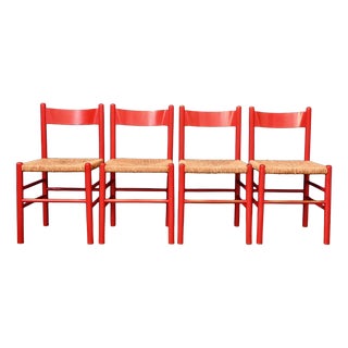 Vintage Italian Chairs in Red Lacquered Wood and Woven Straw, 1960s, Set of 4 For Sale