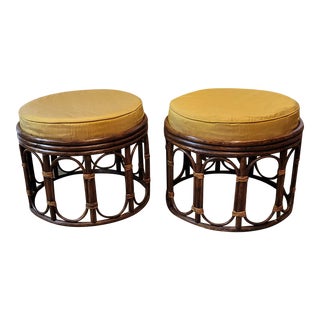 Mid Century Rattan Bamboo Stools Footstools With Cushions - a Pair For Sale
