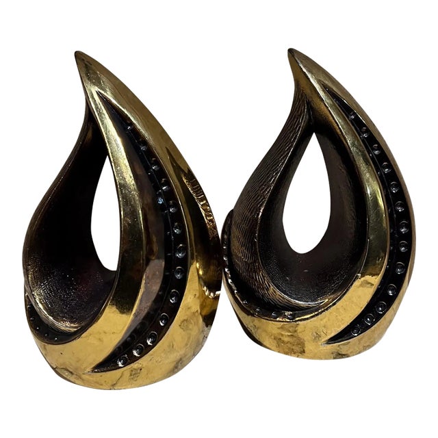 1950s Ben Seibel Teardrop Brass Flame Bookend Pair For Sale