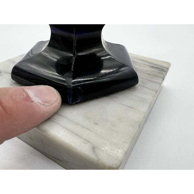 Glass Antique Pressed Glass Vase on a Marble Stand, Cobalt Colour, New England Glass Co, Circa 1840 For Sale - Image 7 of 11