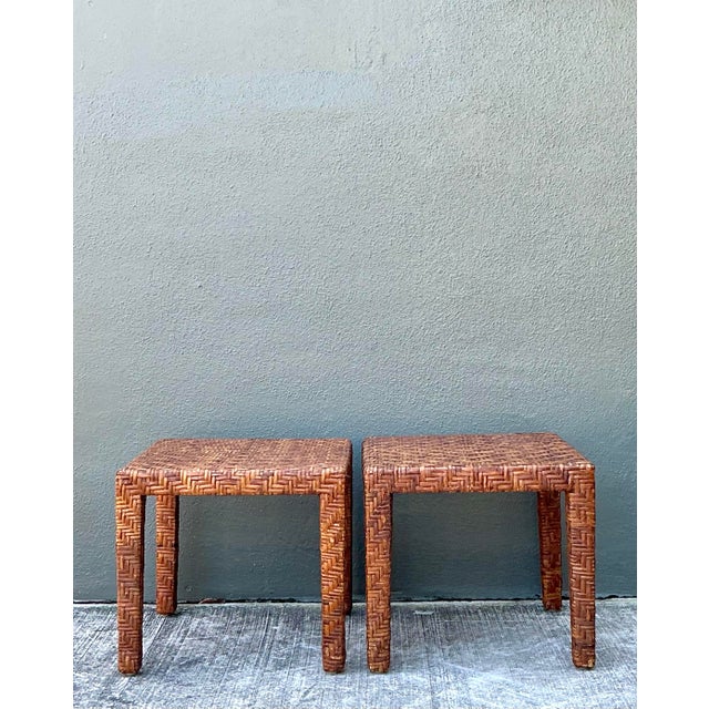 Late 20th Century Vintage Woven Rattan Side Tables - A Pair For Sale - Image 5 of 12