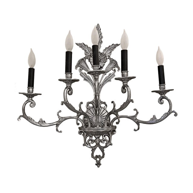 American Vintage Large Five-Branch Nickel-Brass Ornate Wall Sconces - a Pair For Sale - Image 3 of 13