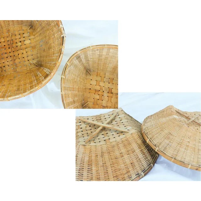 Extra Large Indonesian Wabi Sabi Tropical Carrying Pole With Baskets Handwoven Rattan Bamboo Shoulder Yoke For Sale - Image 9 of 11