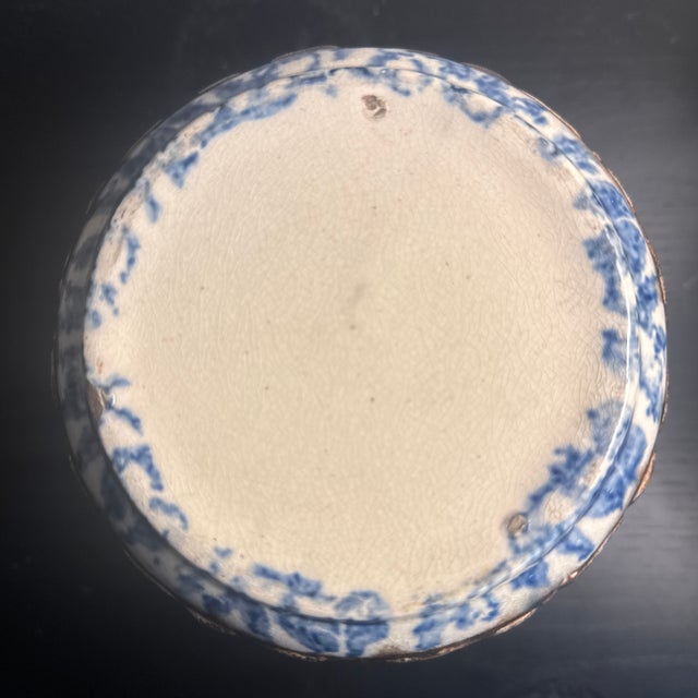 American Antique Blue Brown American Art Pottery Spongeware Jardiniere Copper Luster 1900 For Sale - Image 3 of 7