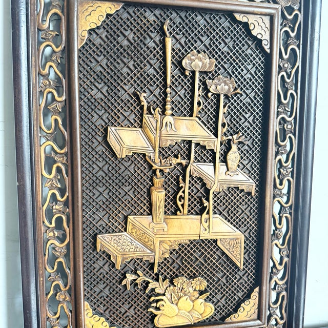 Vintage Asian Wood Carved Panel For Sale - Image 4 of 10