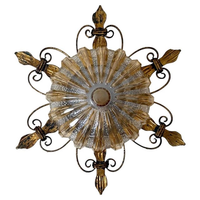 German Gilt Wrought Iron and Textured Glass Flush Mount, 1970s For Sale - Image 13 of 13