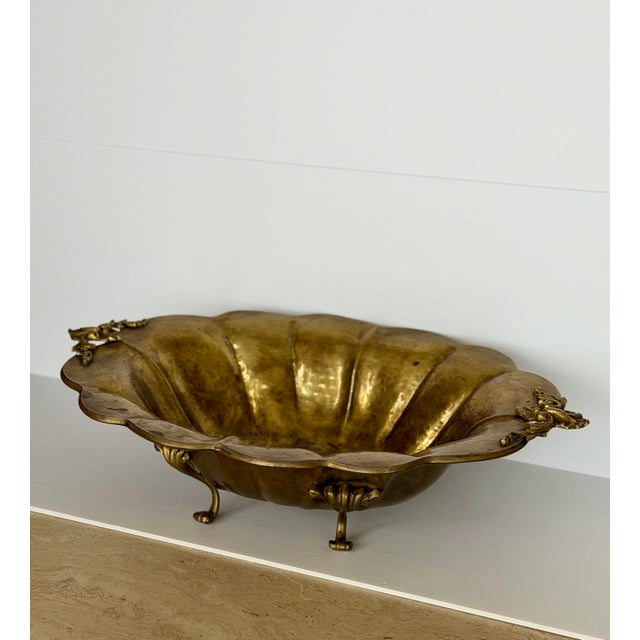 Brass Mid-20th Century Large Scalloped & Floral Handles Brass Centerpiece Bowl For Sale - Image 8 of 10