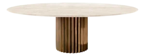 Doris Oval Pedestal Dining Table in Travertine and Cast Bronze by Fred&Juul